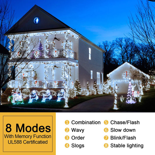 500 LED White Christmas Lights Outdoor Indoor, Green Wire Christmas Tree Lights Plug In, 8 Modes Waterproof White String Lights for Xmas Wedding Party Garden