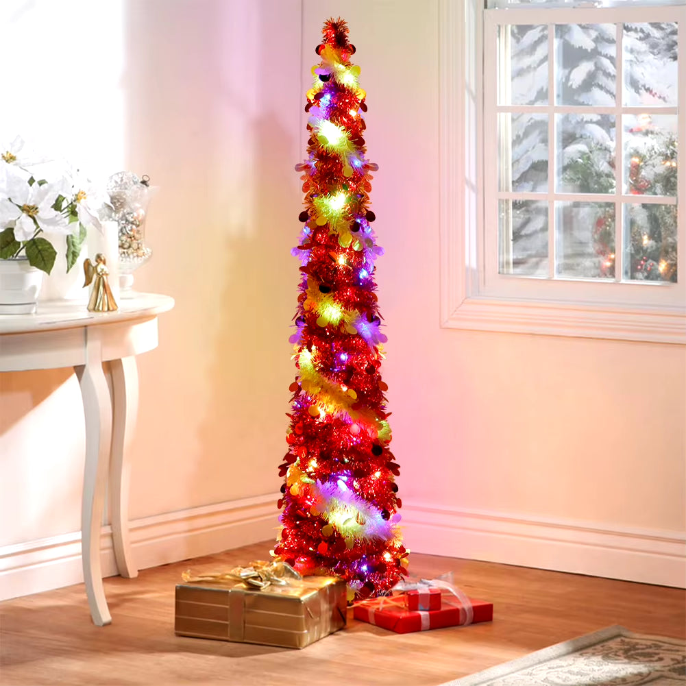 Christmas Tree with 60 LED Warm Lights 5FT Collapsible Pop up, Colorful Tinsel 