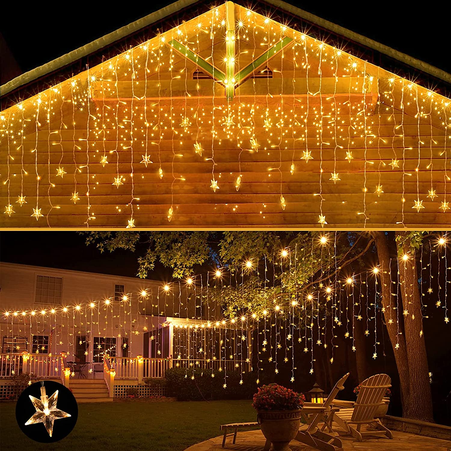 Christmas Lights Outdoor 400 LED 33Ft 8 Modes Christmas Decorations Indoor Curtain Fairy String Light with 75 Drops Stars, Curtain String Light for Christmas Lights Clearance Decor House Window Home