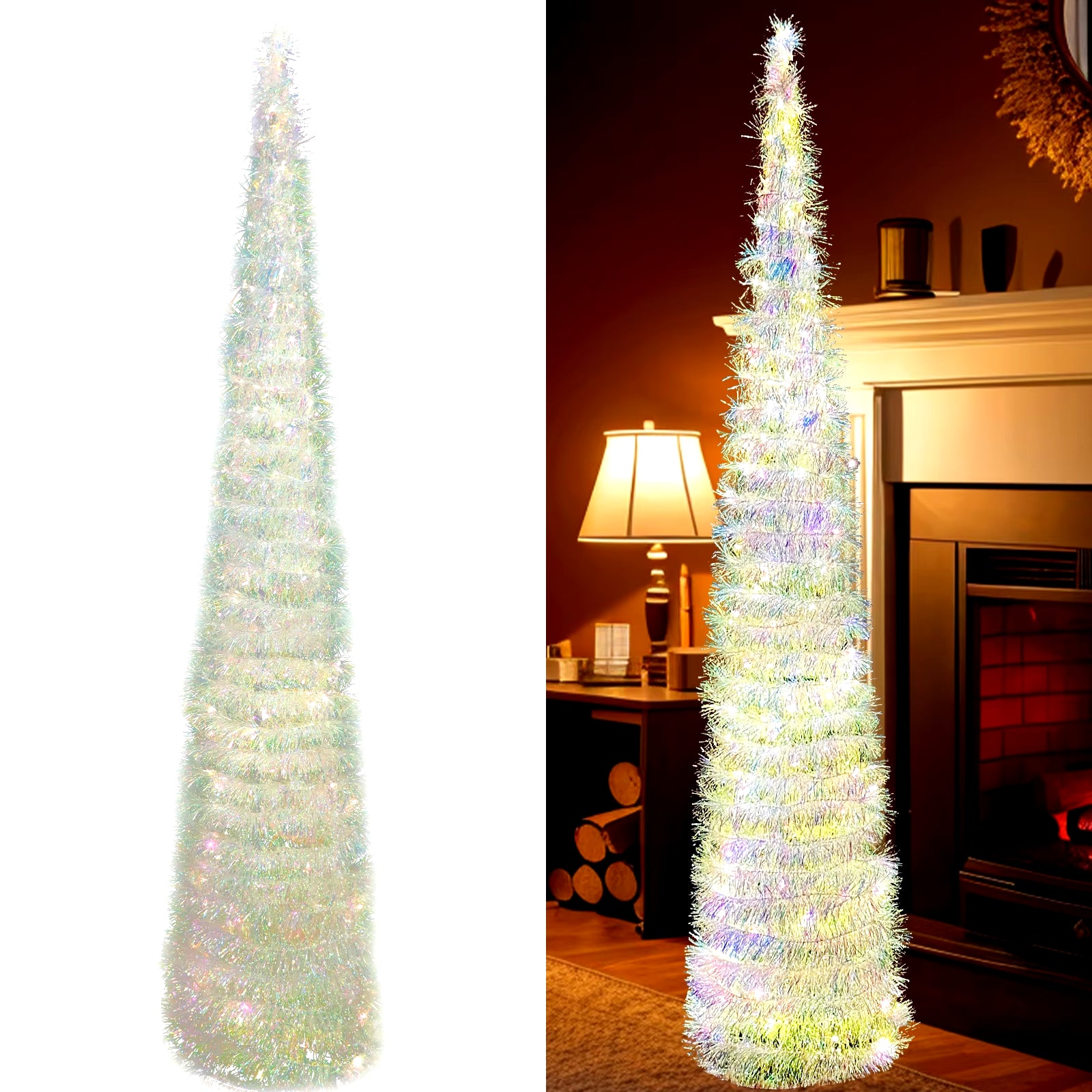 Christmas Tree with 60 LED Warm Lights 5FT Collapsible Pop up, Colorful Tinsel 