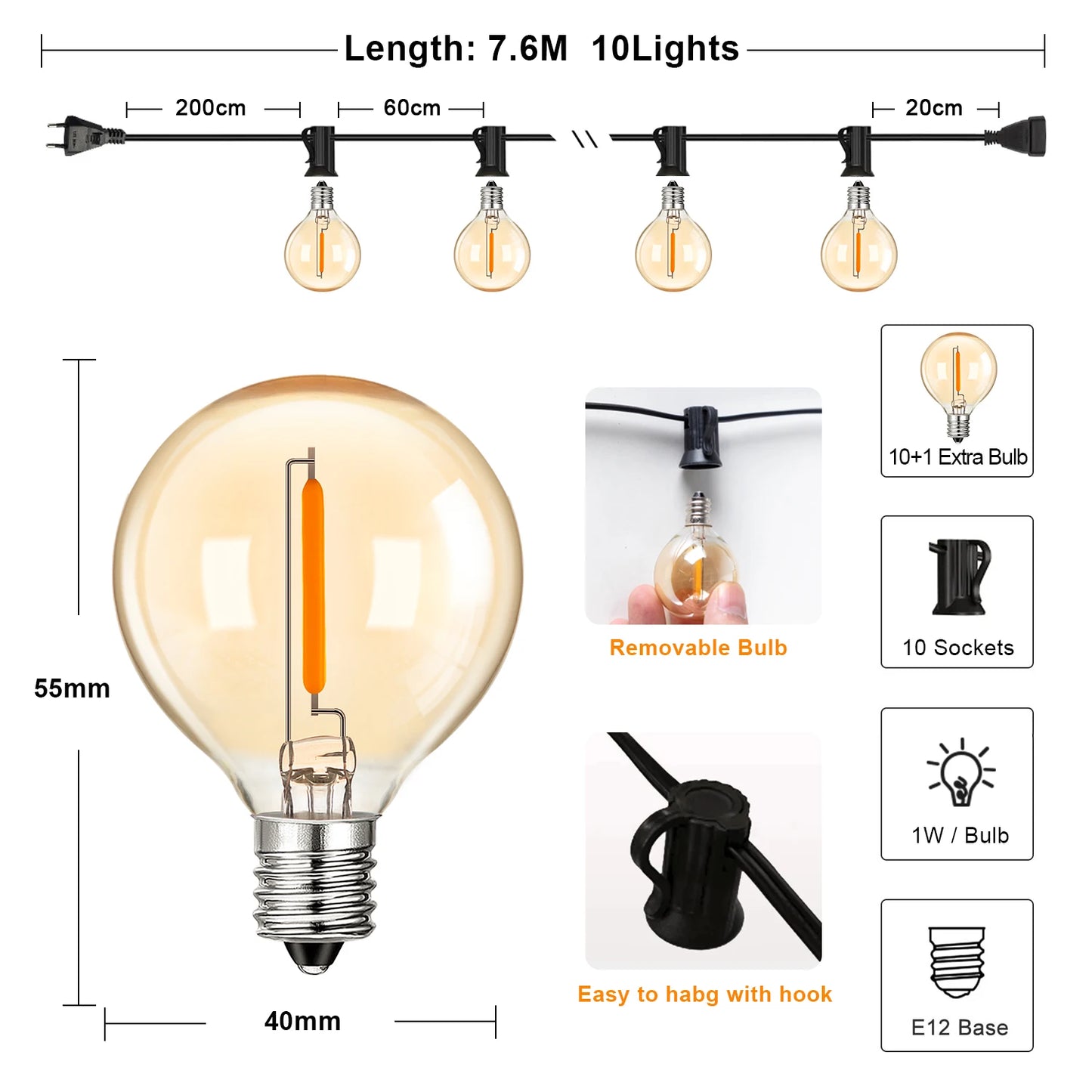 Christmas Outdoor Light Vintage Amber Glass Led Bulb Dimmable IP44 Waterproof