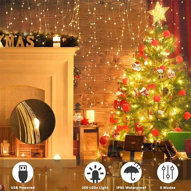 3M LED Curtain String Lights Fairy Decoration 8 Mode for Home Garden Christmas Party New Year Wedding