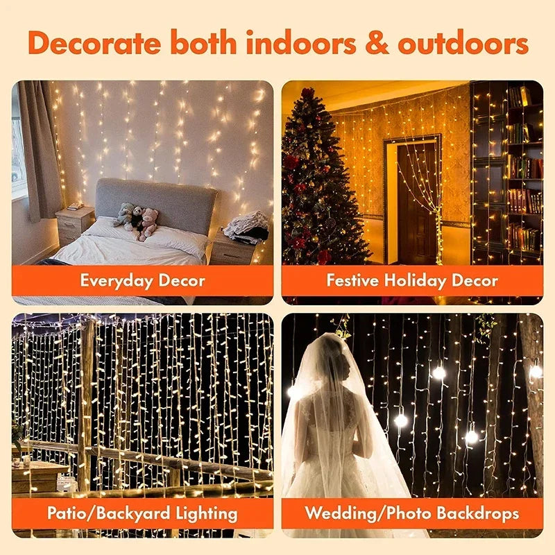 3M LED Curtain String Lights Fairy Decoration 8 Mode for Home Garden Christmas Party New Year Wedding