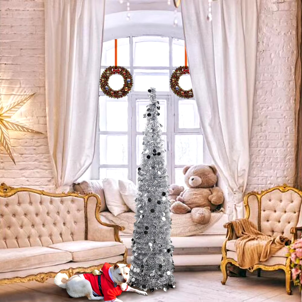 Christmas Tree with 60 LED Warm Lights 5FT Collapsible Pop up, Colorful Tinsel 