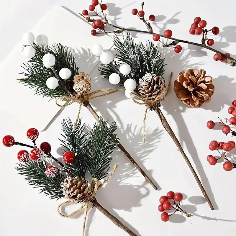 Christmas Bouquet: 5/10 Pcs of Realistic Pine Needles, Red Berries, and Pine Cones, Perfect for Home Christmas Decor