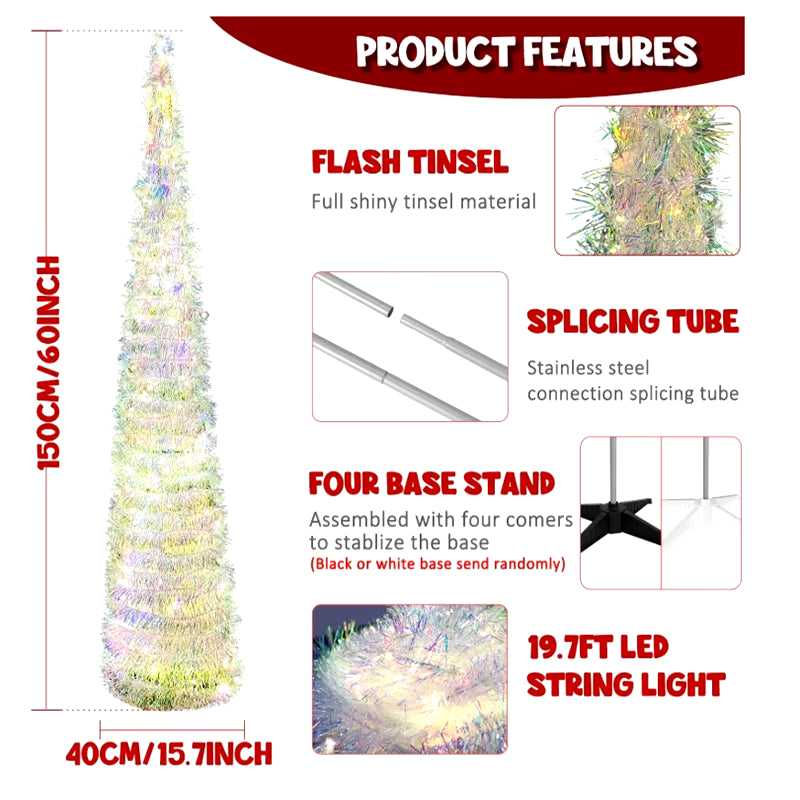 Christmas Tree with 60 LED Warm Lights 5FT Collapsible Pop up, Colorful Tinsel 